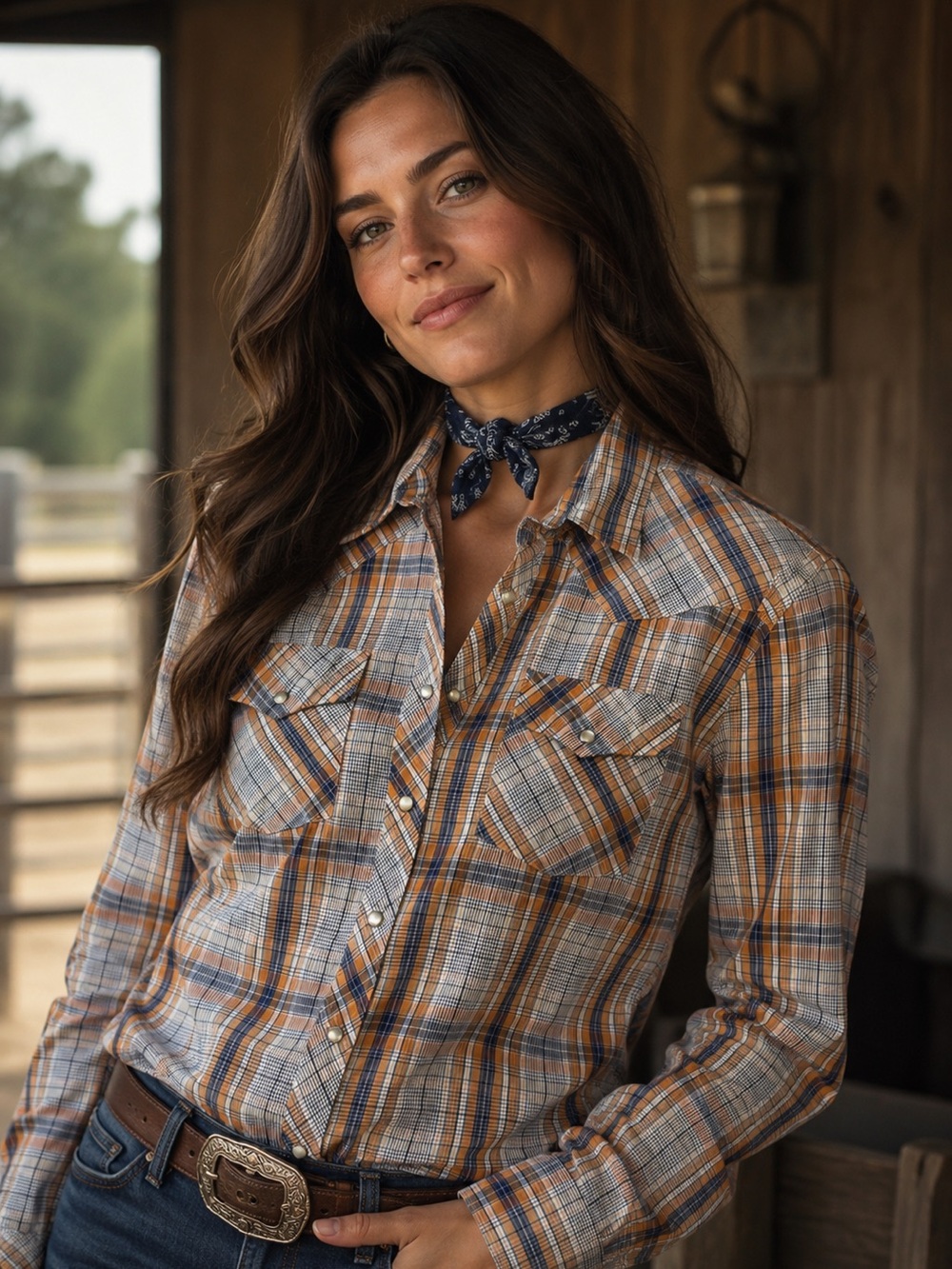 BJ-R Vintage Western Pearl Snap Orange and Blue Plaid Shirt size Large